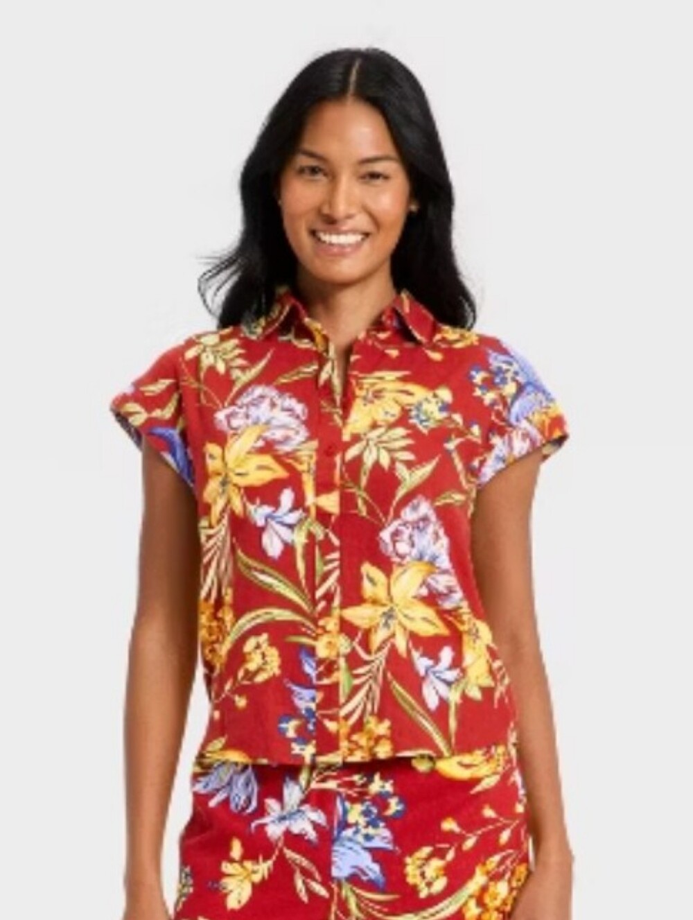 A New Day Floral Cap Sleeve Button Down Shirt